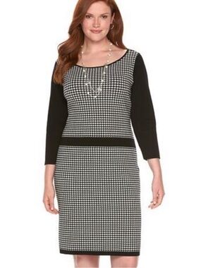 Chaps Black & White Houndstooth Three Quarter Sleeve Sheath Dress